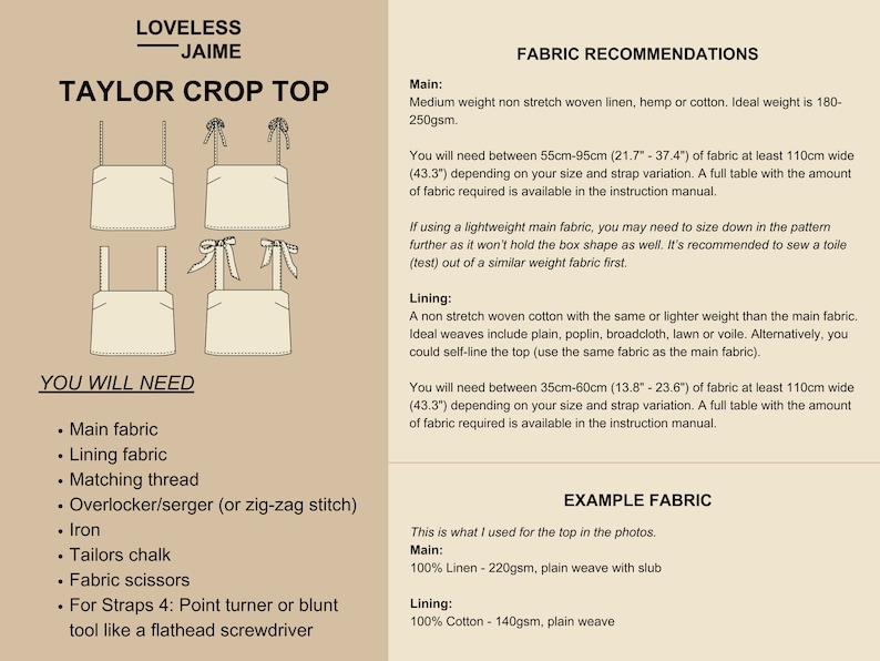 May include: A sewing pattern for a Taylor Crop Top with instructions for fabric recommendations, materials needed, and an example fabric. The pattern includes illustrations of the top.