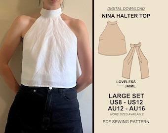 Nina Halter Linen Top: Large Size Set - Sizes US8-US12 (PDF Sewing Pattern)