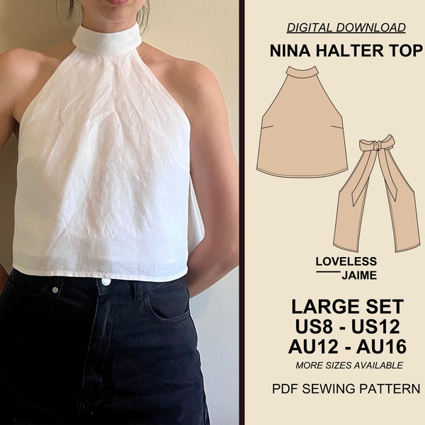 Nina Halter Linen Top Sewing Pattern, Large Set: Sizes US8-US12, tank top pdf, open back blouse, tie-up neckline, instant digital download