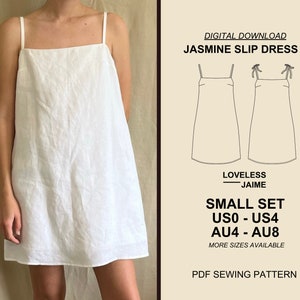 Jasmine Mini Dress Sewing Pattern, Small Set: Sizes US0-US4, square-neck linen summer dress, a line slip style, instant download PDF