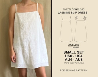 Jasmine Mini Dress Sewing Pattern, Small Set: Sizes US0-US4, square-neck linen summer dress, a line slip style, instant download PDF