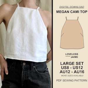 Megan Halter Top Sewing Pattern, Large Set: Sizes US8-US12, cropped womens tank top, sleeveless simple style, digital download PDF