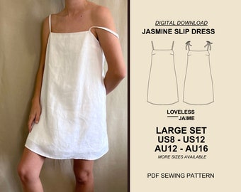 Könnte beinhalten: Ein digitaler Download eines PDF-Schnittmusters für ein Jasmine-Schlupfkleid. Das Schnittmuster ist in den Größen 38-42 und 42-46 erhältlich. Das Schnittmuster enthält zwei Ansichten, eine mit Trägern und eine mit Bändern. Das Schnittmuster ist in einem großen Set erhältlich.