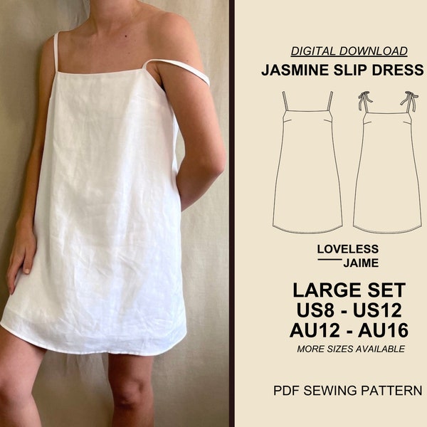 Jasmine Slip Dress Sewing Pattern, Large Set: Sizes US8-US12, cami dress clothing pattern for women with instructions, instant PDF