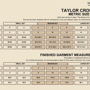May include: A size chart for a Taylor crop top in metric measurements. The chart shows the measurements for bust, waist, and hip in centimetres for sizes 0-16. The chart also includes the finished garment measurements for bust and length in centimetres for sizes 0-12.