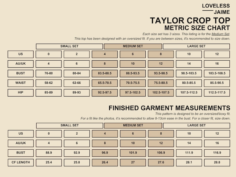 May include: A size chart for a Taylor crop top in metric measurements. The chart shows the measurements for bust, waist, and hip in centimetres for sizes 0-16. The chart also includes the finished garment measurements for bust and length in centimetres for sizes 0-12.