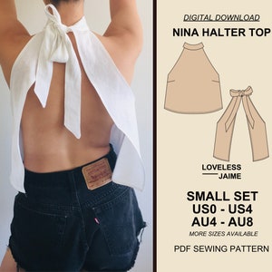 May include: A digital sewing pattern for a halter top called "Nina Halter Top" by "Loveless Jaime". The pattern includes sizes US0-US4 and AU4-AU8. The image shows a woman wearing a white halter top and black denim shorts.