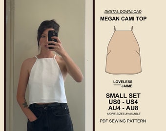 Megan Halter Blouse Sewing Pattern, Small Set: Sizes US0-US4, womens crop tank top, simple square neck, classic style, instant download PDF