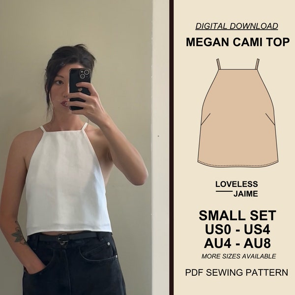 Megan Halter Blouse Sewing Pattern, Small Set: Sizes US0-US4, womens crop tank top, simple square neck, classic style, instant download PDF