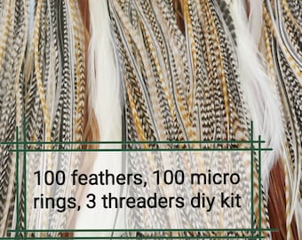 Feather Hair Extension Kit: 100 Natural Color Feathers, Micro Rings, Threaders