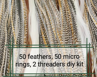 Kit de extensiones de plumas: 50 plumas de gallo naturales de calidad profesional, con microanillos y enhebradores.