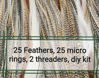 25 Feather Hair Extensions Kit, Premium Feather Hair Accessories, Natural Colors Long Feathers 10-12 inches with Micro Rings and Threader.