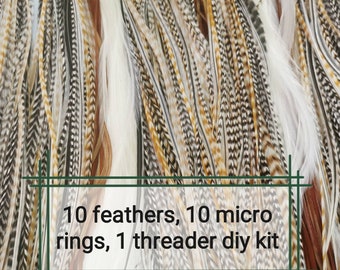 10 Feather Hair Extensions Kit, Premium Feather Hair Accessories, Natural Colored Long Feathers 10-12 inches with Micro Rings and Threader.