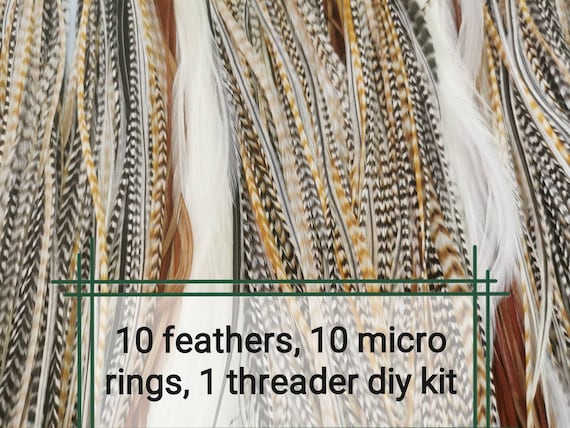 10 Feather Hair Extensions Kit, Premium Feather Hair Accessories, Natural Colored Long Feathers 10-12 inches with Micro Rings and Threader.