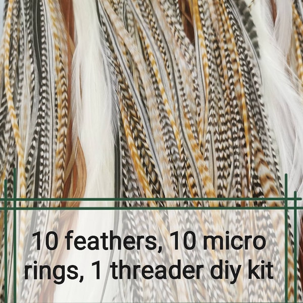 10 Feather Hair Extensions Kit, Premium Feather Hair Accessories, Natural Colored Long Feathers 10-12 inches with Micro Rings and Threader.