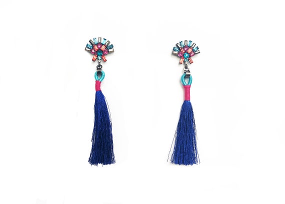 blue and fuschia tassel earrings with rhinestone f