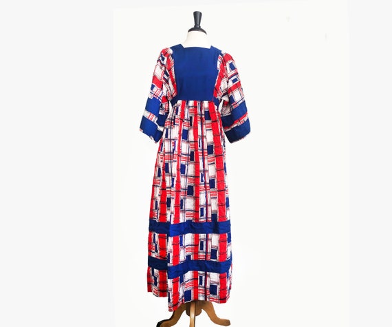 Boho Kaftan dress in red white and blue plaid and… - image 1