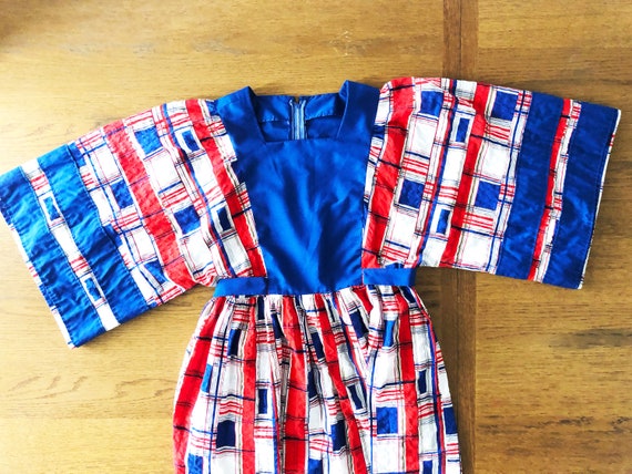 Boho Kaftan dress in red white and blue plaid and… - image 8