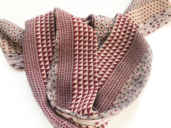 Burgundy Grey Cream geometric poly necktie scarf … - image 9