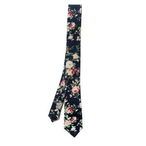 Navy blue super skinny cotton tie with pink and white roses