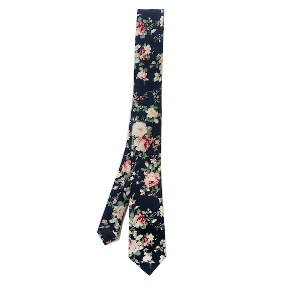 Navy blue super skinny cotton tie with pink and white roses