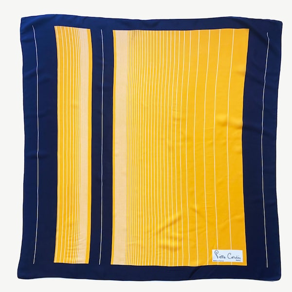 Pierre Cardin Yellow Navy Blue White Pinstripes Silk Crepe w/ Original Packaging 30"x30"