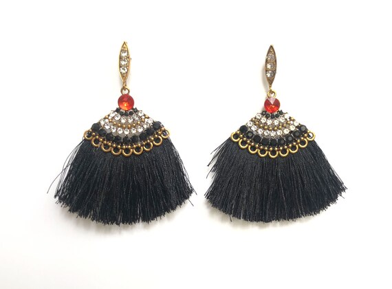 black fan tassel earrings with red and white rhine