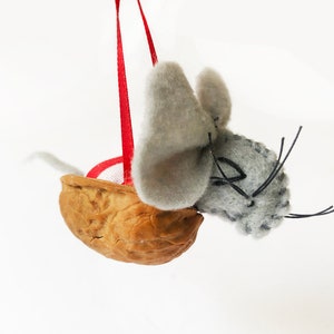 Handmade sleeping Mouse in Walnut Shell Christmas Tree Ornament