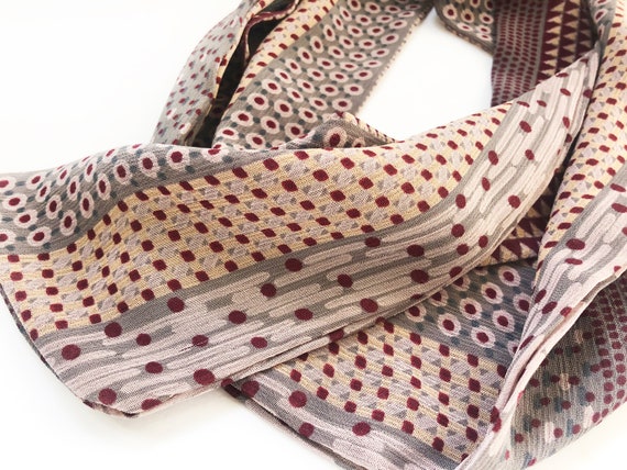 Burgundy Grey Cream geometric poly necktie scarf … - image 8