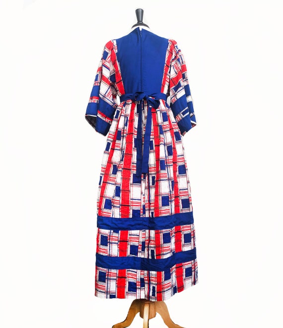 Boho Kaftan dress in red white and blue plaid and… - image 2