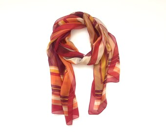 Burnt oranges, red, browns, silk scarf abstract box outline print