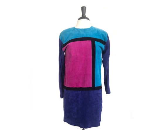 80s vintage Suede Mondrian fuchsia teal aqua blue