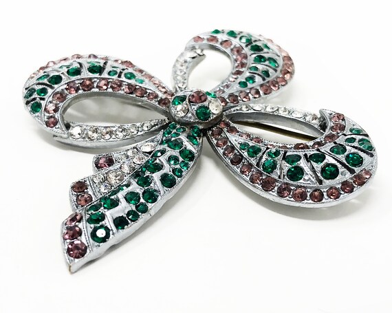 Art Deco Czech "Clover-Bow" Suffragette rhineston… - image 2