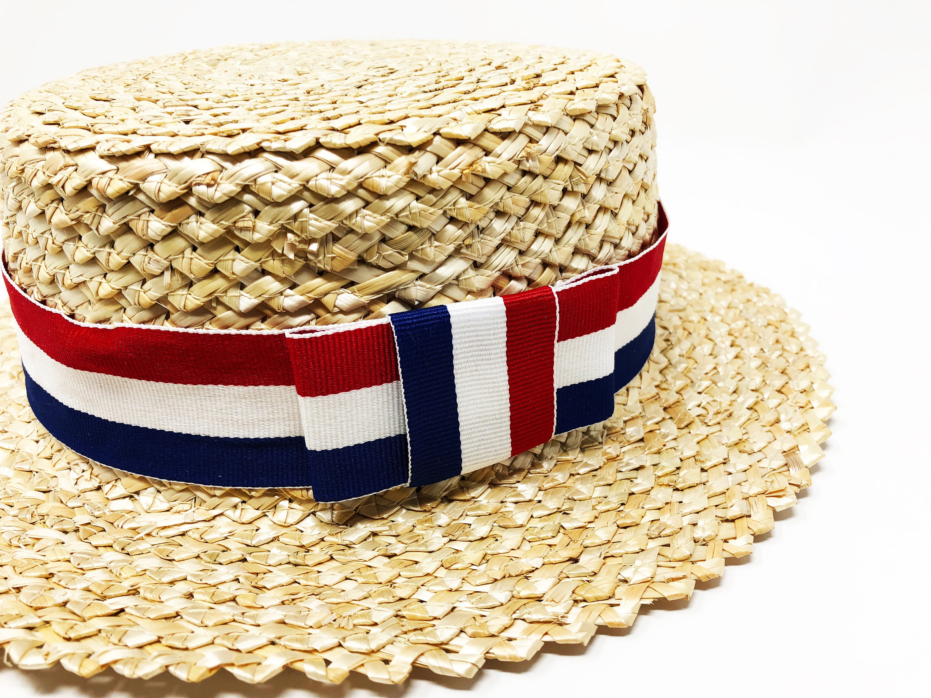 Natural Straw Boater Hat With Red White 
