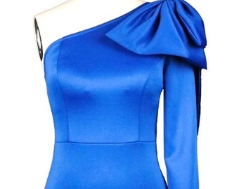 Elegant Blue One Shoulder Bowtie Dress