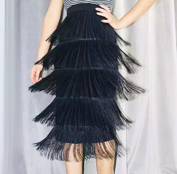 Black fringe skirt stretch deals