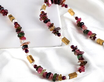 Natural Multi Tourmaline Stone Necklace , Multi Stone Necklace White Pearl Stone Necklace Hematite Stone Beads Necklace,
