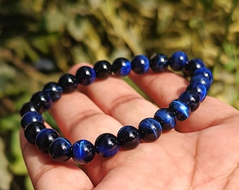 8MM Smooth Round Stretch Bracelet Blue Tiger Eye Beads Bracelet, Gemstone Beaded Bracelet stone Beads, Gifted Bracelet Stone Beads Jewelry
