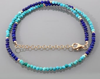 Amazing Beaded Necklace - 925 Silver Turquoise & lapis Necklace,gemstone beads jewelry, Rose Gold Plated " Silver beaded necklace