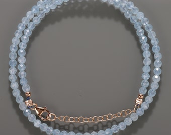 Faceted Aquamarine stone necklace, Natural aquamarine faceted round beads, 925 sterling silver (rose gold plated) strand necklace "