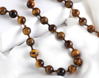 Natural Tiger Stone Necklace / Faceted Round Tiger Eye Gemstone Beaded Necklace , Tiger Eye Beaded Necklace ,