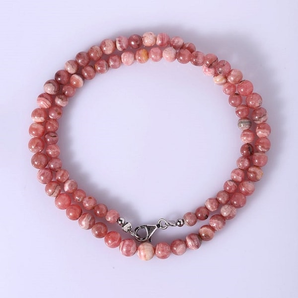 Collier rond de perles de rhodochrosite, collier de perles de pierre de rhodochrosite naturelle, collier de perles de collier de rhodochrosite en argent 925,