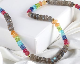Rainbow Color Stone Necklace - Natural stone Designer Necklace , Top Quality Stone Bead Necklace , Beaded Necklace Gemstone Jewelry ,