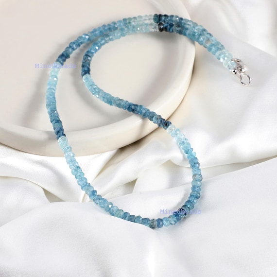 Santa Maria Aquamarine Stone Necklace , Aquamarine Beaded Gemstone 925 Sterling Silver Jewelry Women's Gift