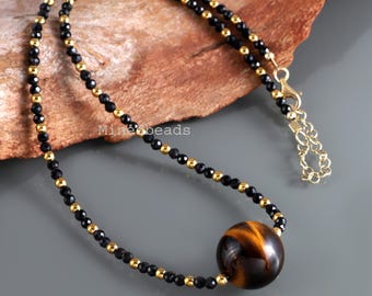 Natural Stone Necklace  - Multi Stone Necklace Black Spinel Stone Tiger Stone Necklace , Gemstone Beaded Necklace,