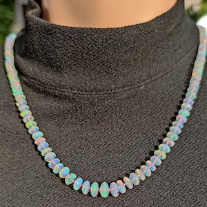 Pode incluir: Um colar feito de contas de opala branca iridescente. As contas s&atilde;o de forma oval e enfiadas em uma corrente de prata.