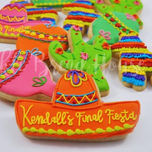 Custom Fiesta cookies - Cinco De Mayo -  tex mex - cactus cookies - pinata - maraca sombrero gift - last fiesta bachelorette party favor