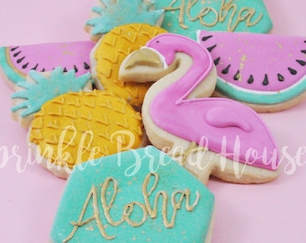 Aloha, pineapple, flamingo and watermelon tropical sugar cookies - summer birthday party - Flamingo cookies - pool party favor - luau party
