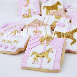 Personalized Carousel Baby Shower girl birthday cookies -baby pink gold - royal birthday - fancy princess carousel cookies - carousel party