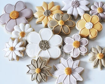 Galletas de flores boho - galletas de flores de margaritas - galletas de boda boho en tonos tierra - regalo de flores para ella - favor de fiesta boho de cumpleaños de flores